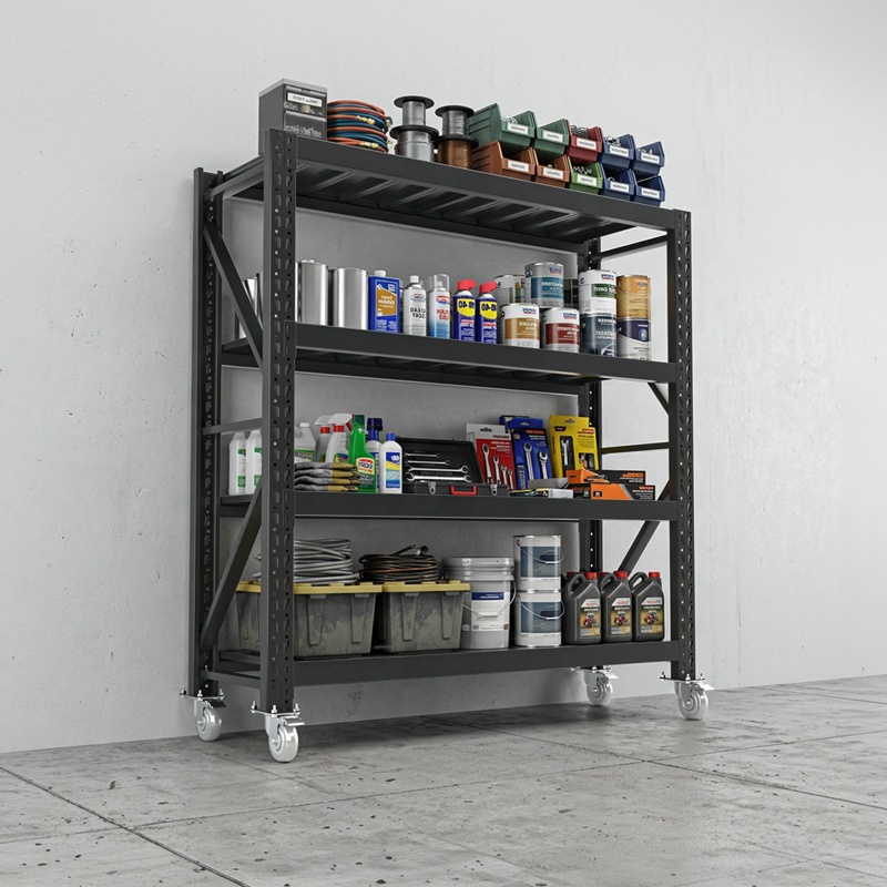 Custom Durable Movable Steel Display Rack Adjustable Boltless Industrial Warehouse Storage Shelves with 360 Wheels