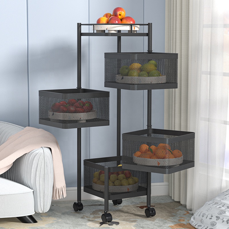 Kitchen Rotating Shelf Multi-tiers Basket Fruit Vegetable Storage Metal Rack with Wheels