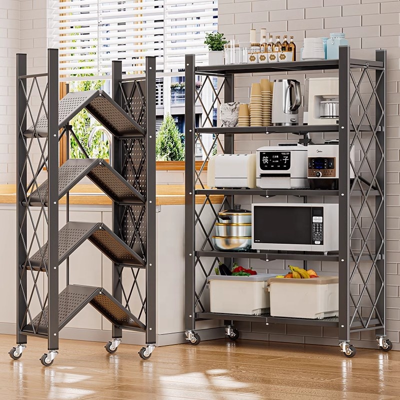 Home Kitchen Metal Folding Storage Shelf Racks with Universal Wheels 2-tire Estantes Foldable Folding Removable Shelves