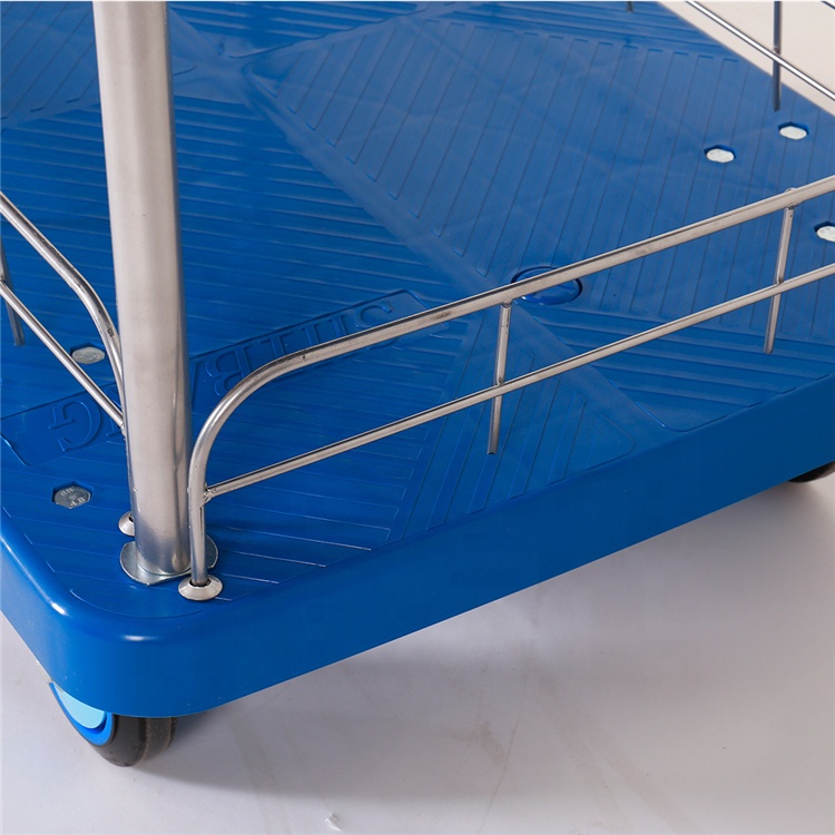 Movable Plastic Warehouse Trolley with Silent Wheel and Guardrail Platform Wheelbarrow for Tools Transportation Workshop Use