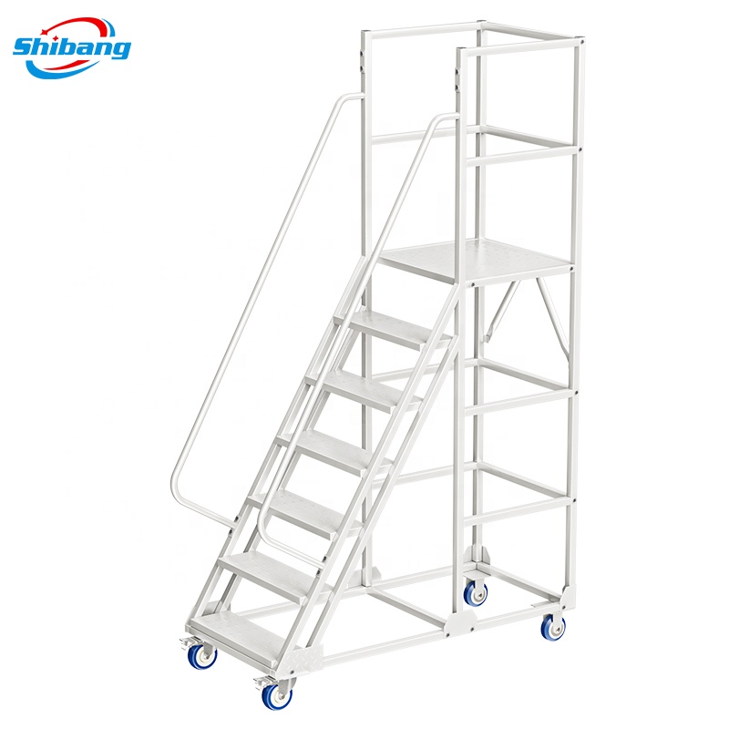 Factory Wholesale Lightweight Steel Warehouse Step Ladder with Wheels and Hand Grip for Cargo & Storage Equipment