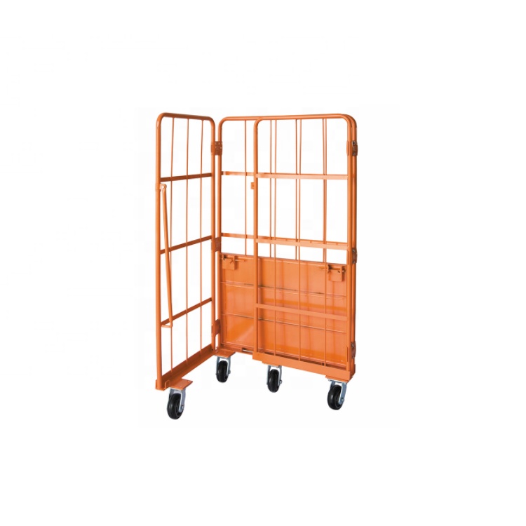 Mobile Transporting Foldable Galvanized Warehouse Steel 3 Mesh Sides Roll Cage Trolley