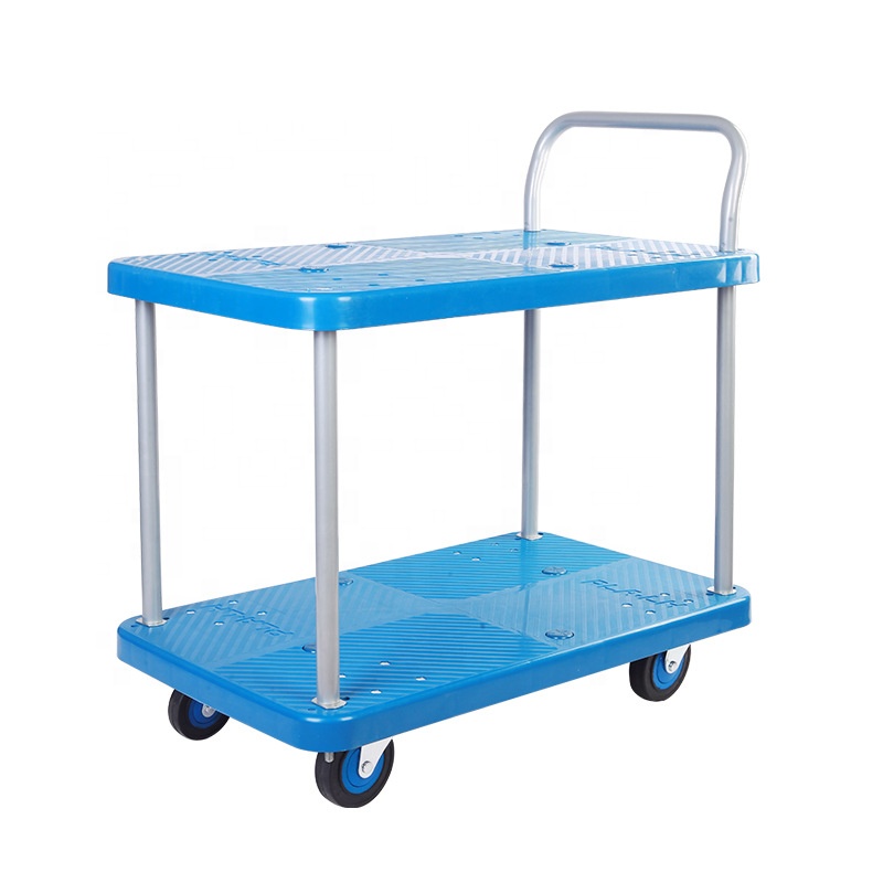 Four-Wheel Trolley Hand Cart Strong Plastic Guardrail Double Platform Warehouse Trolley Material Handling Features for Tools