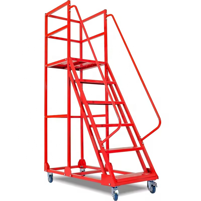 Rolling Pick up Step Ladder Warehouse Climbing 4 Wheeled Movable Large Steel Platform Portable Step Ladder for Warehouse