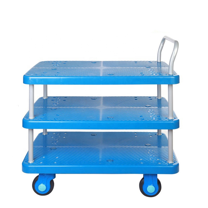 Four-Wheel Trolley Hand Cart Strong Plastic Guardrail Double Platform Warehouse Trolley Material Handling Features for Tools
