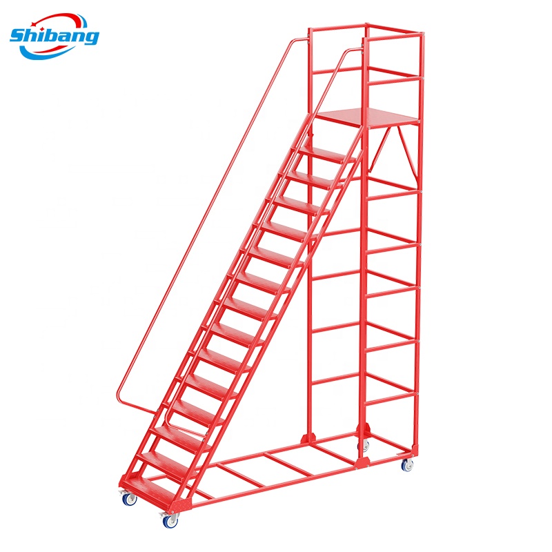 Factory Wholesale Lightweight Steel Warehouse Step Ladder with Wheels and Hand Grip for Cargo & Storage Equipment