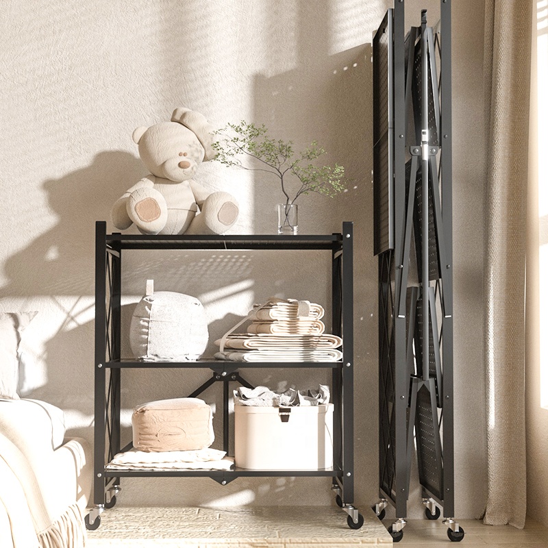 Collapsible Foldable Wire Shelving Storage Shelves Wheels-3-Tier Multi-functional Organizer for Kitchen Living Room Tools