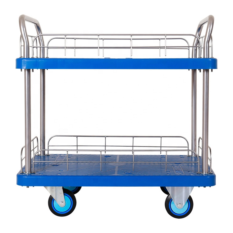Movable Plastic Warehouse Trolley with Silent Wheel and Guardrail Platform Wheelbarrow for Tools Transportation Workshop Use