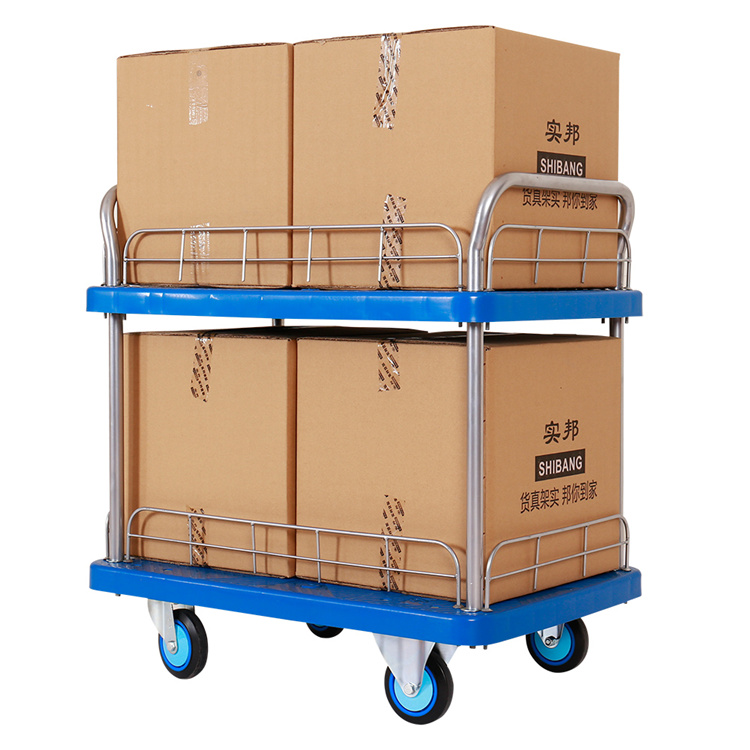 Best Selling Durable Warehouse Double Side Plastic Flatbed Pullet Truck Trolleys