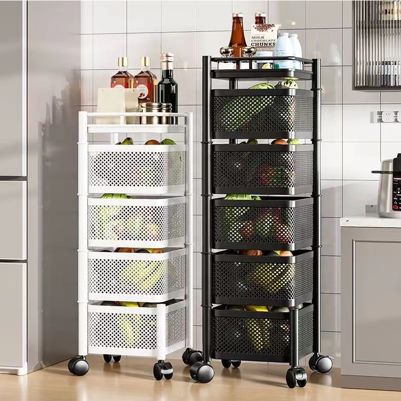 Sturdy Kitchen 3/4/5 Tier Stackable Metal Wire Storage Organizer Fruit Vegetable Rotating Baskets with Rolling Wheels