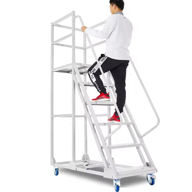 Rolling Pick up Step Ladder Warehouse Climbing 4 Wheeled Movable Large Steel Platform Portable Step Ladder for Warehouse