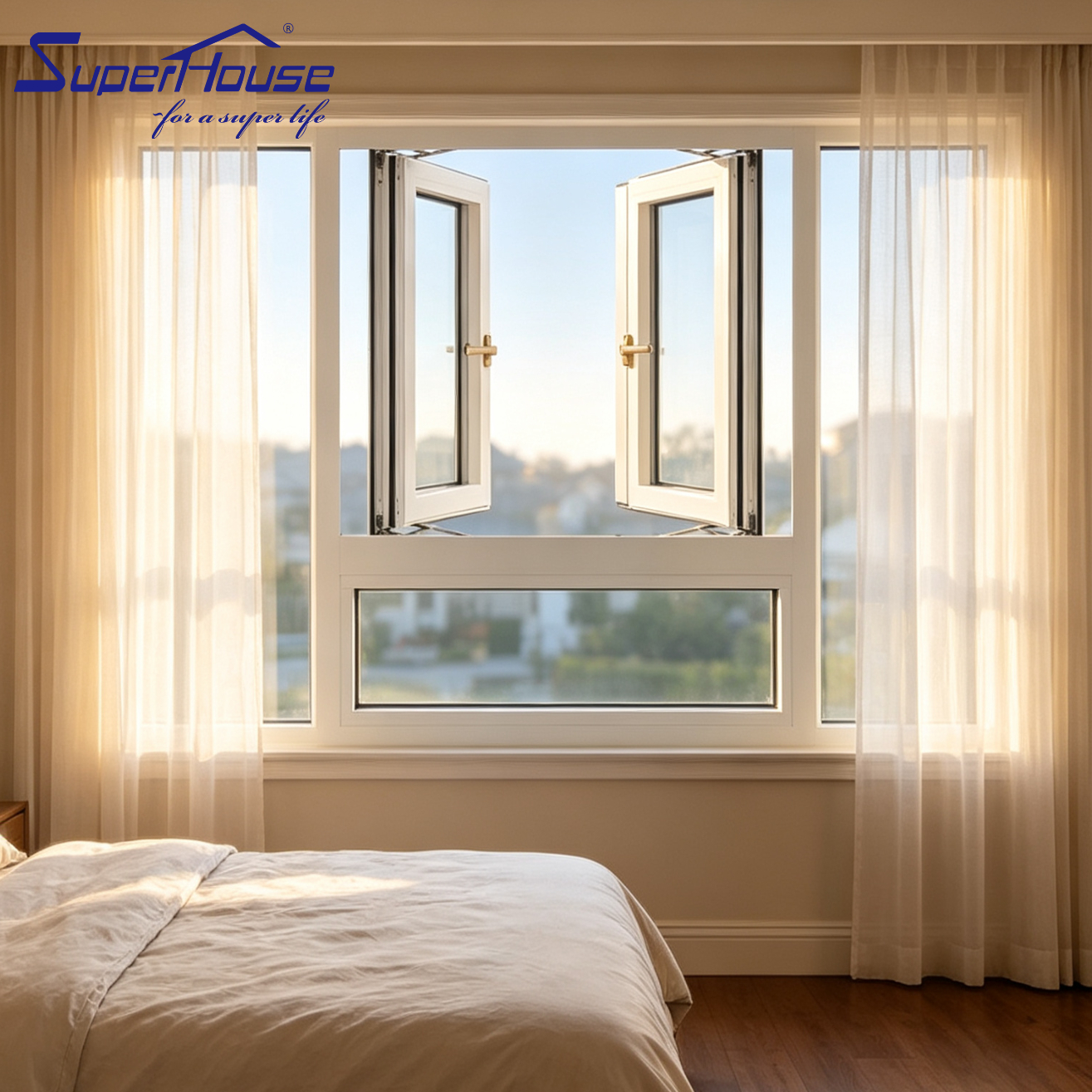 Minimalist White Aluminum Window New Design Double Tempered Glass NOA Casement Picture Combo Window for Residential Houses