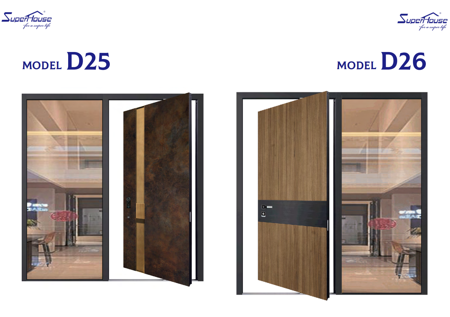 High-end customized Grey Black Wood color Front Entry Hinged Pivot door with sidelights frosted tempered glass & smart lock
