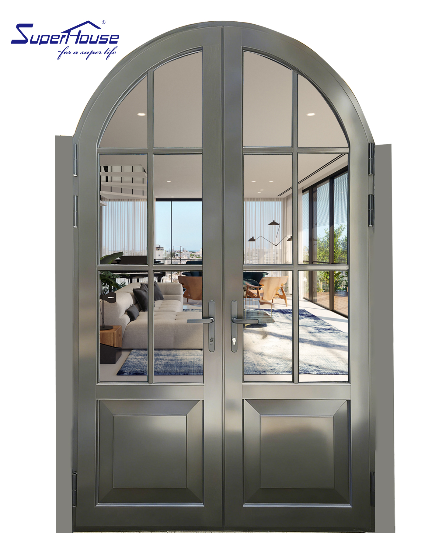 Thermal Break Aluminum French Patio Entry Door,Tempered Double Glass Sound Insulation Custom Curved Arched Front Door