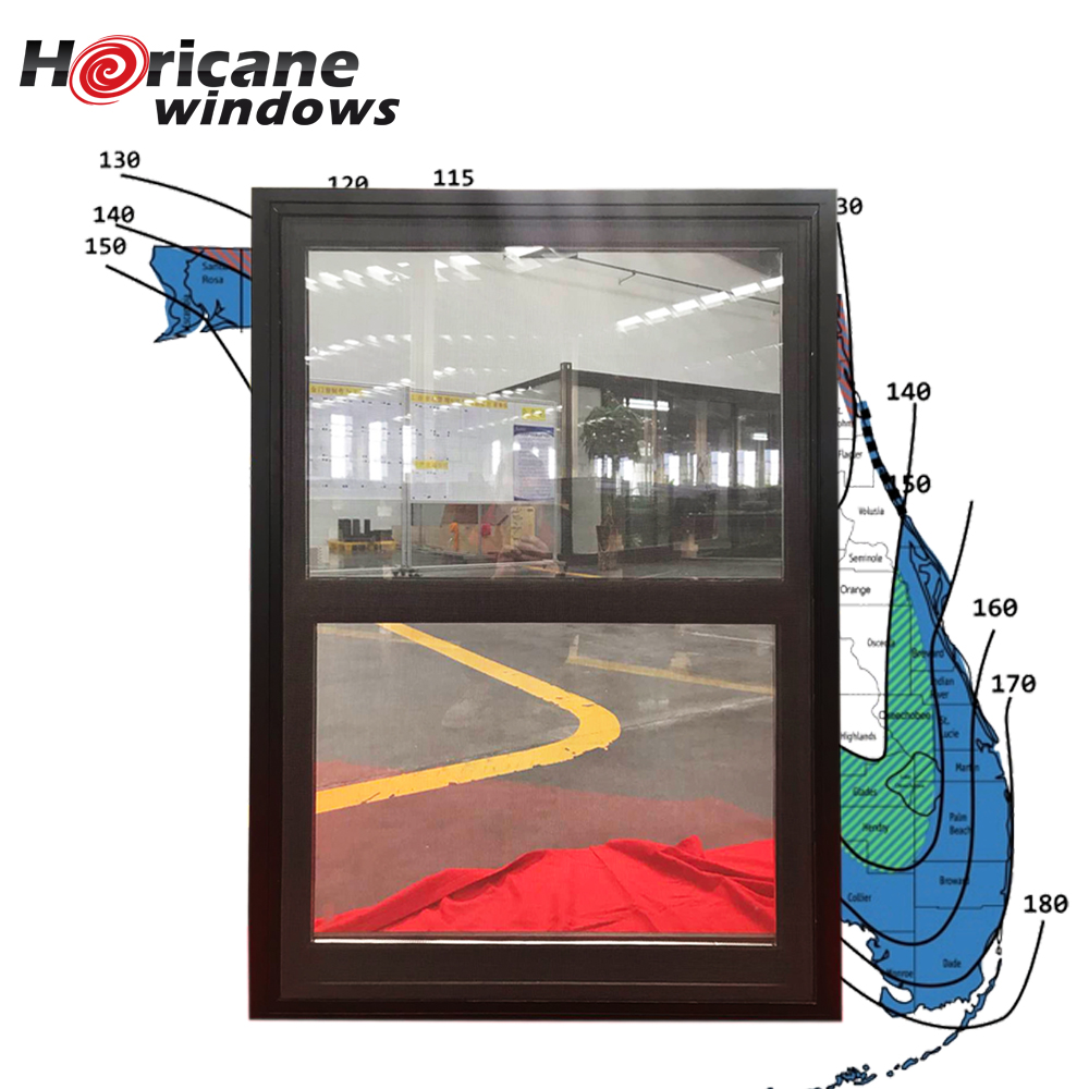 For Florida Modern Design Triple Tempered Glass American Style Hurricane Impact Resistant Black Aluminum Single Hung Window