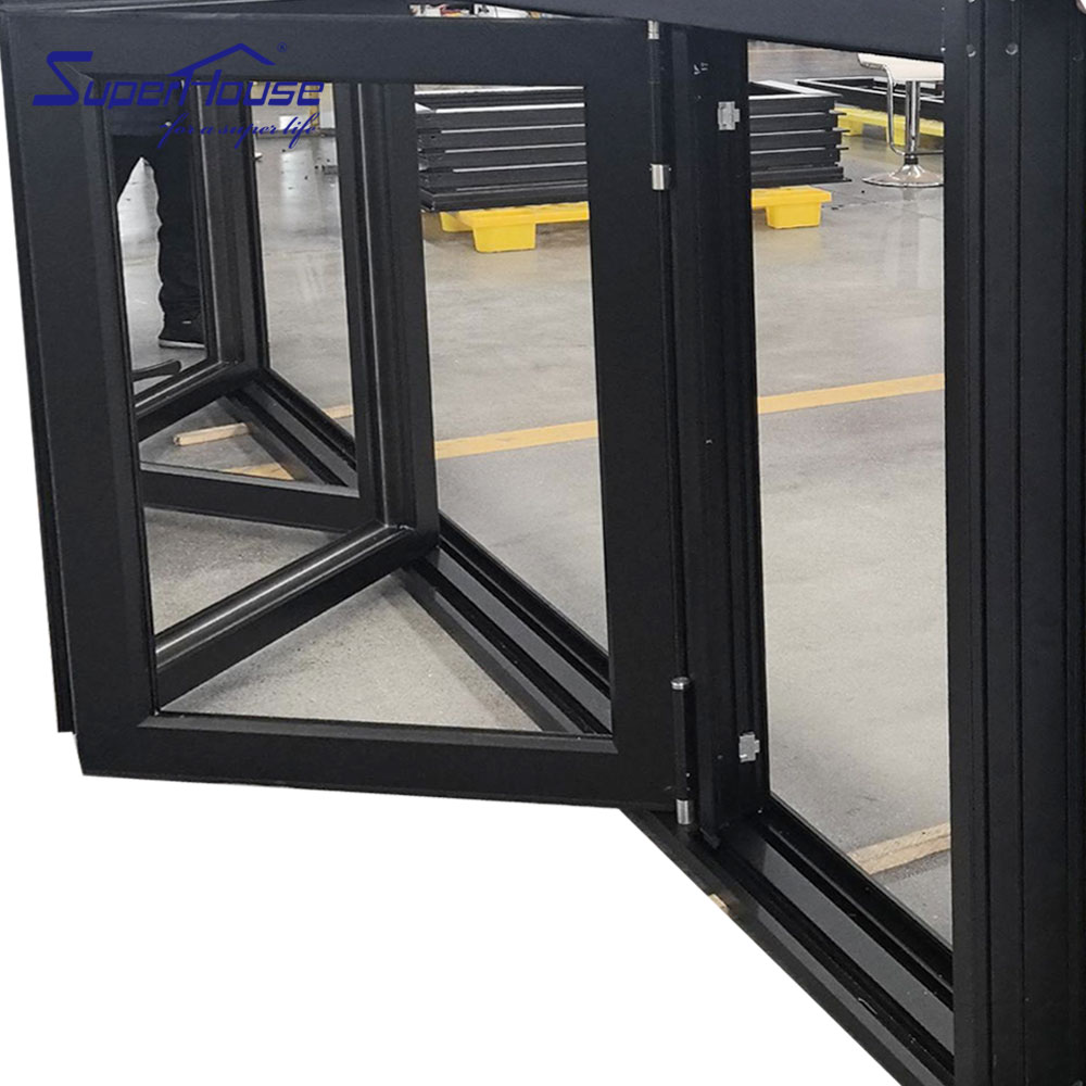 Superhouse Aluminium Slim Bifolding windows Timber Colour Aluminum Tempered Glass Folding Window with Retractable Mesh