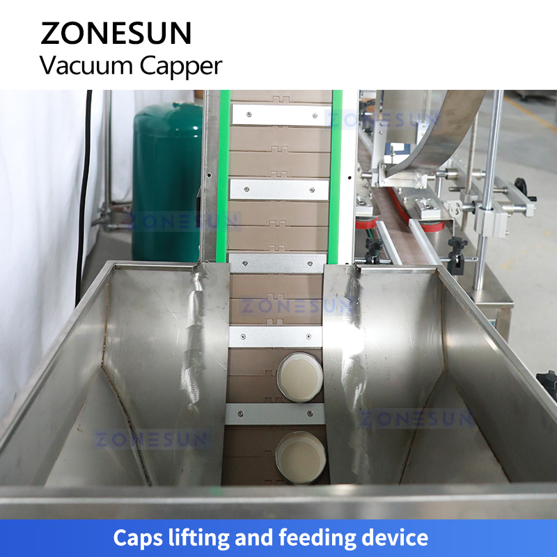 Equipamento de Vedação a Vácuo Automático Zs-Xgvs1 Cabeçotes 4 Zonesun com Alimentação de Tampas para Linha de Embalagem de Desenroscador de Frascos de Vidro e Plástico