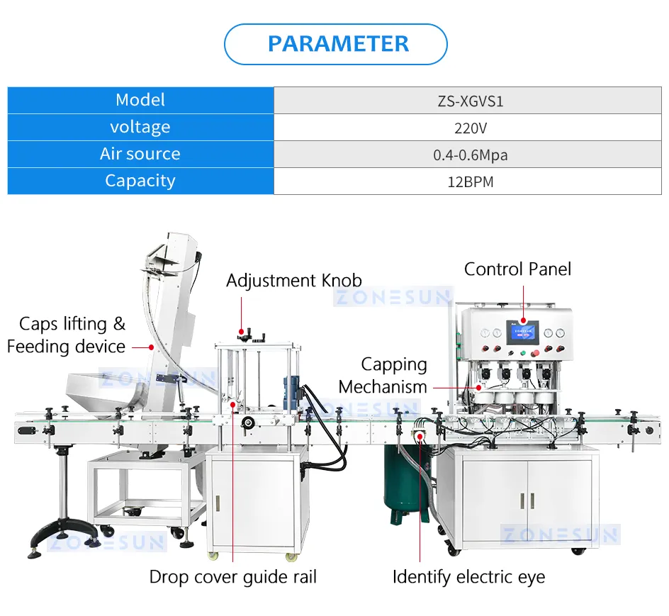 Equipamento de Vedação a Vácuo Automático Zs-Xgvs1 Cabeçotes 4 com Alimentação de Tampas para Linha de Embalagem de Desenroscador de Frascos de Vidro e Plástico