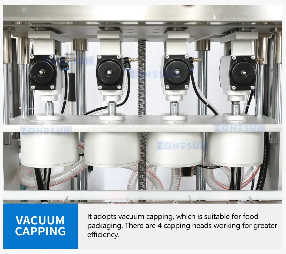 Equipamento de Vedação a Vácuo Automático Zs-Xgvs1 Cabeçotes 4 com Alimentação de Tampas para Linha de Embalagem de Desenroscador de Frascos de Vidro e Plástico