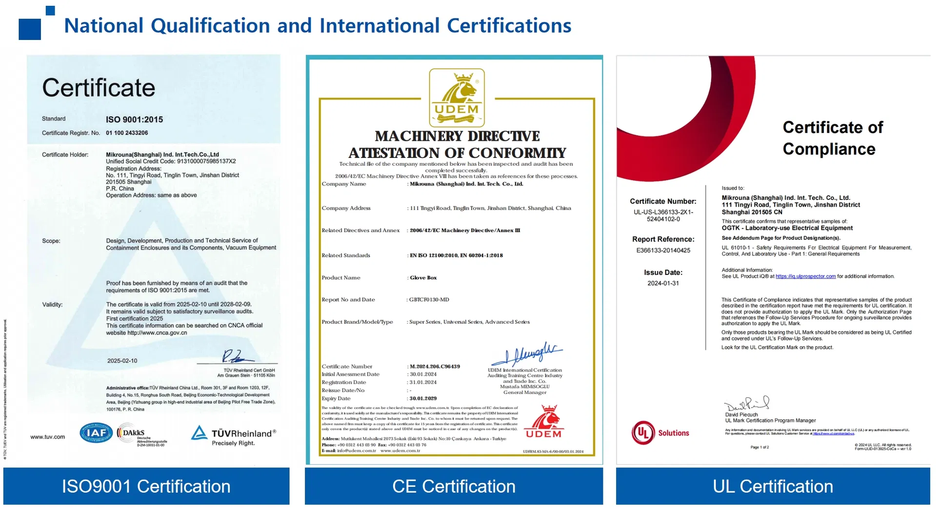 Certificados de Qualidade ISO CE UL