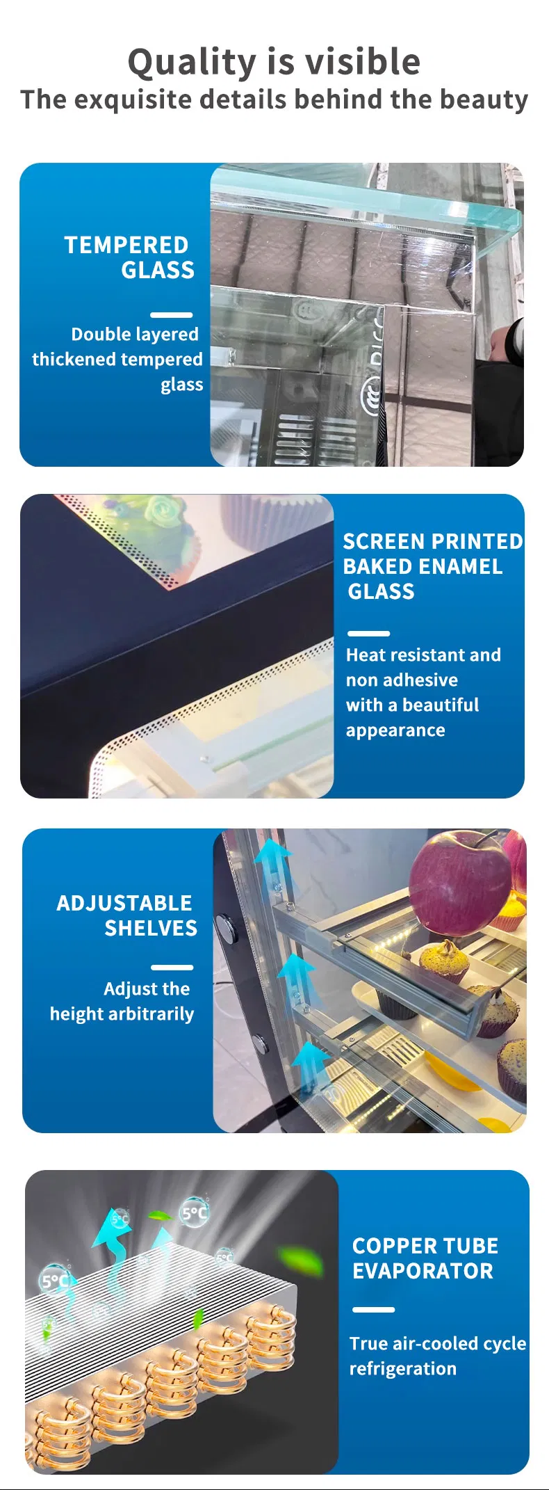 Refrigerador Congelador Comercial de Múltiplas Zonas para Bolos, Delicatessen, Sushi e Frutas Tropicais