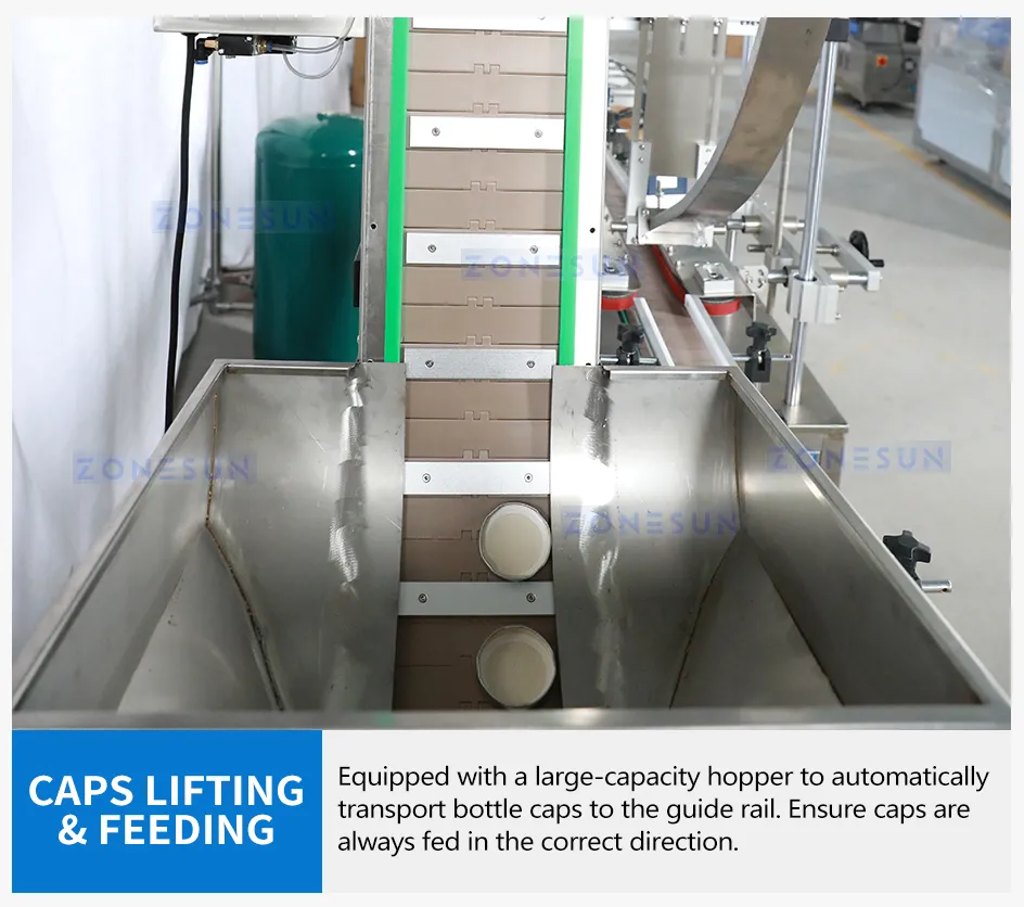 Equipamento de Vedação a Vácuo Automático Zs-Xgvs1 Cabeçotes 4 com Alimentação de Tampas para Linha de Embalagem de Desenroscador de Frascos de Vidro e Plástico
