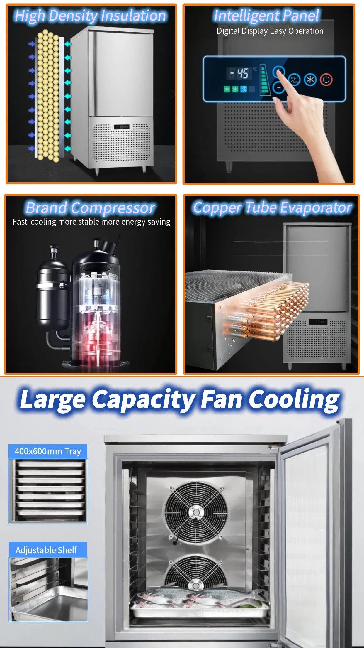 Chiller de choque industrial comercial para alimentos congelados rapidamente, refrigerador para restaurantes, congelador rápido para casa, máquina de congelamento rápido de chocolate em lote