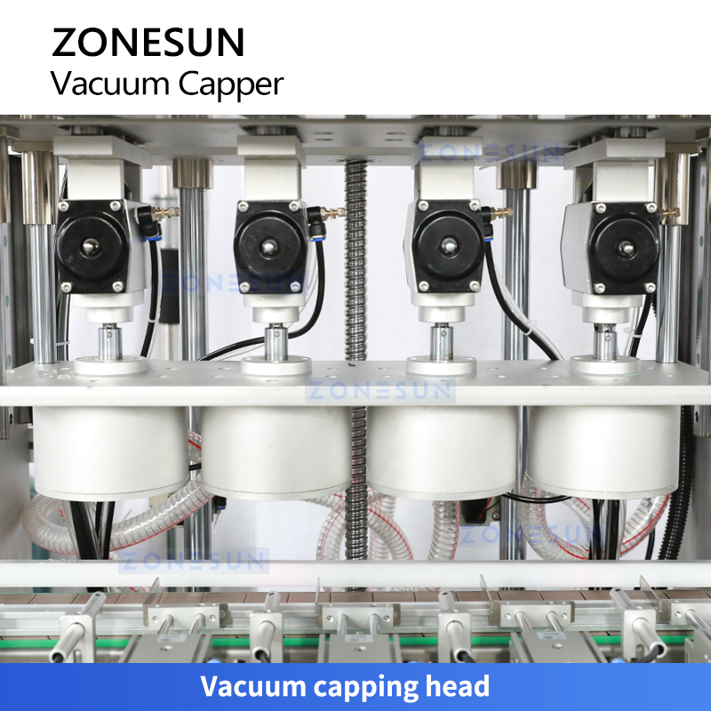 Equipamento de Vedação a Vácuo Automático Zs-Xgvs1 Cabeçotes 4 Zonesun com Alimentação de Tampas para Linha de Embalagem de Desenroscador de Frascos de Vidro e Plástico