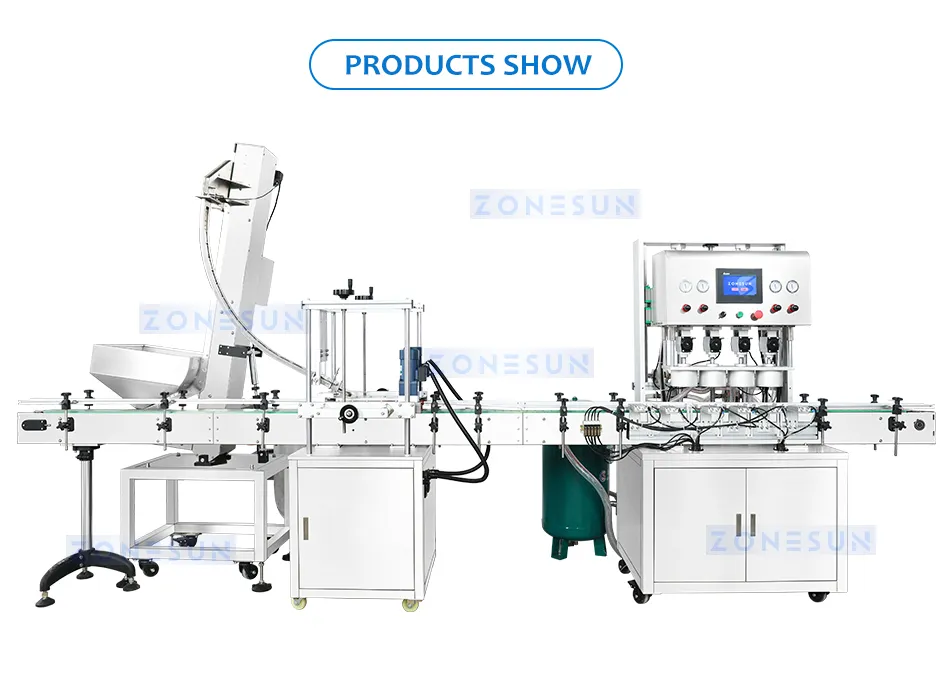 Equipamento de Vedação a Vácuo Automático Zs-Xgvs1 Cabeçotes 4 com Alimentação de Tampas para Linha de Embalagem de Desenroscador de Frascos de Vidro e Plástico