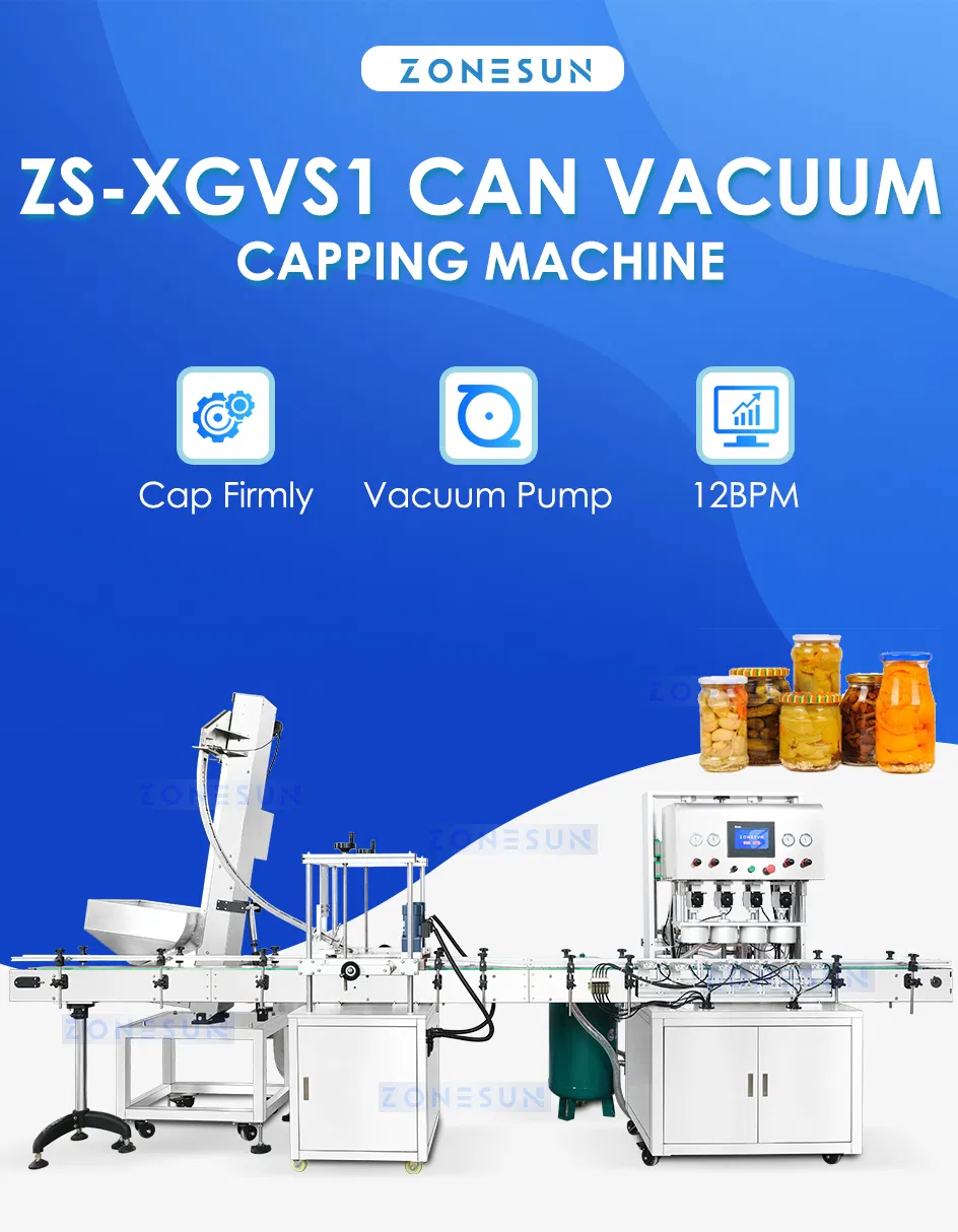 Equipamento de Vedação a Vácuo Automático Zs-Xgvs1 Cabeçotes 4 com Alimentação de Tampas para Linha de Embalagem de Desenroscador de Frascos de Vidro e Plástico