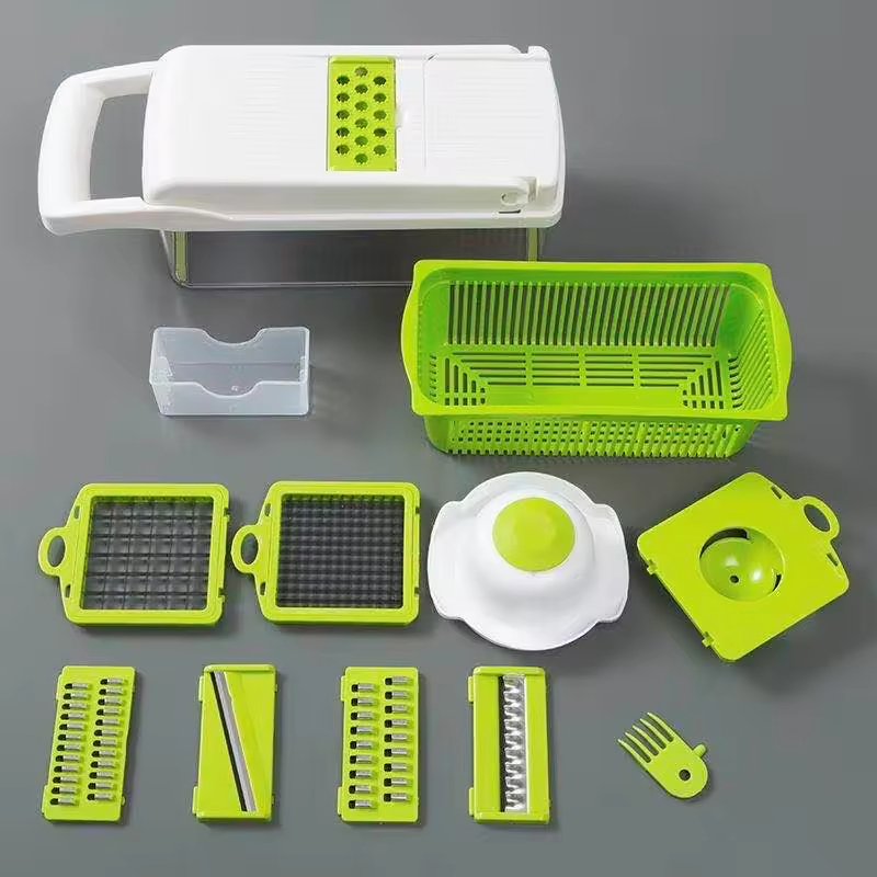 16-in-1 Cortador de Legumes Multifuncional Fatiador de Cebola Descascador de Batata Espremedor de Alho Cortador de Frutas Conjunto de Ferramentas de Cozinha em Aço Inoxidável Cortador de Legumes Manual