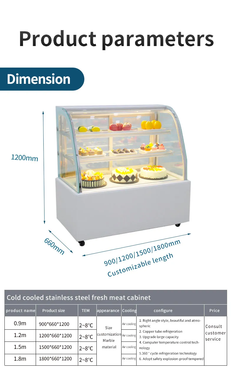 Refrigerador Congelador Comercial de Múltiplas Zonas para Bolos, Delicatessen, Sushi e Frutas Tropicais