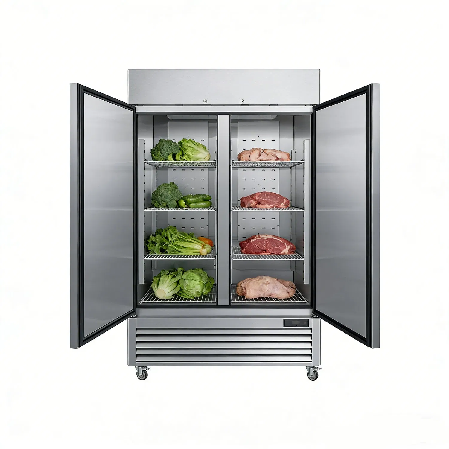 Refrigerador Vertical de Exibição Profunda Comercial com Congelador Inferior Montado, Cooler de Pé para Restaurante com Duas Portas de Vidro