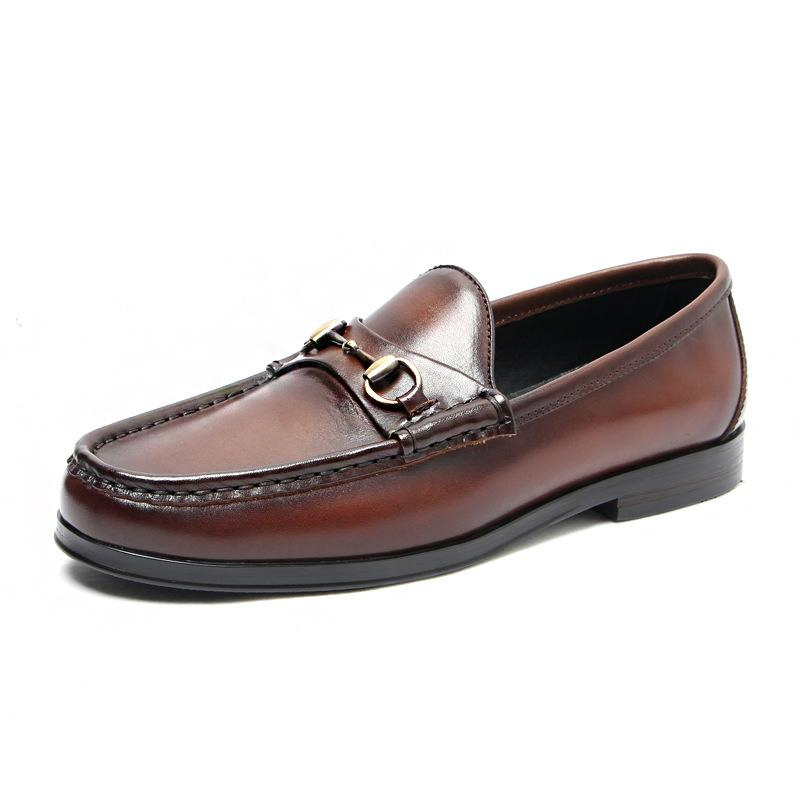 Black British Retro Polishing Cowhide Leather Men's Moccasin Shoes Slip-on Horse Bit Buckle Loafers