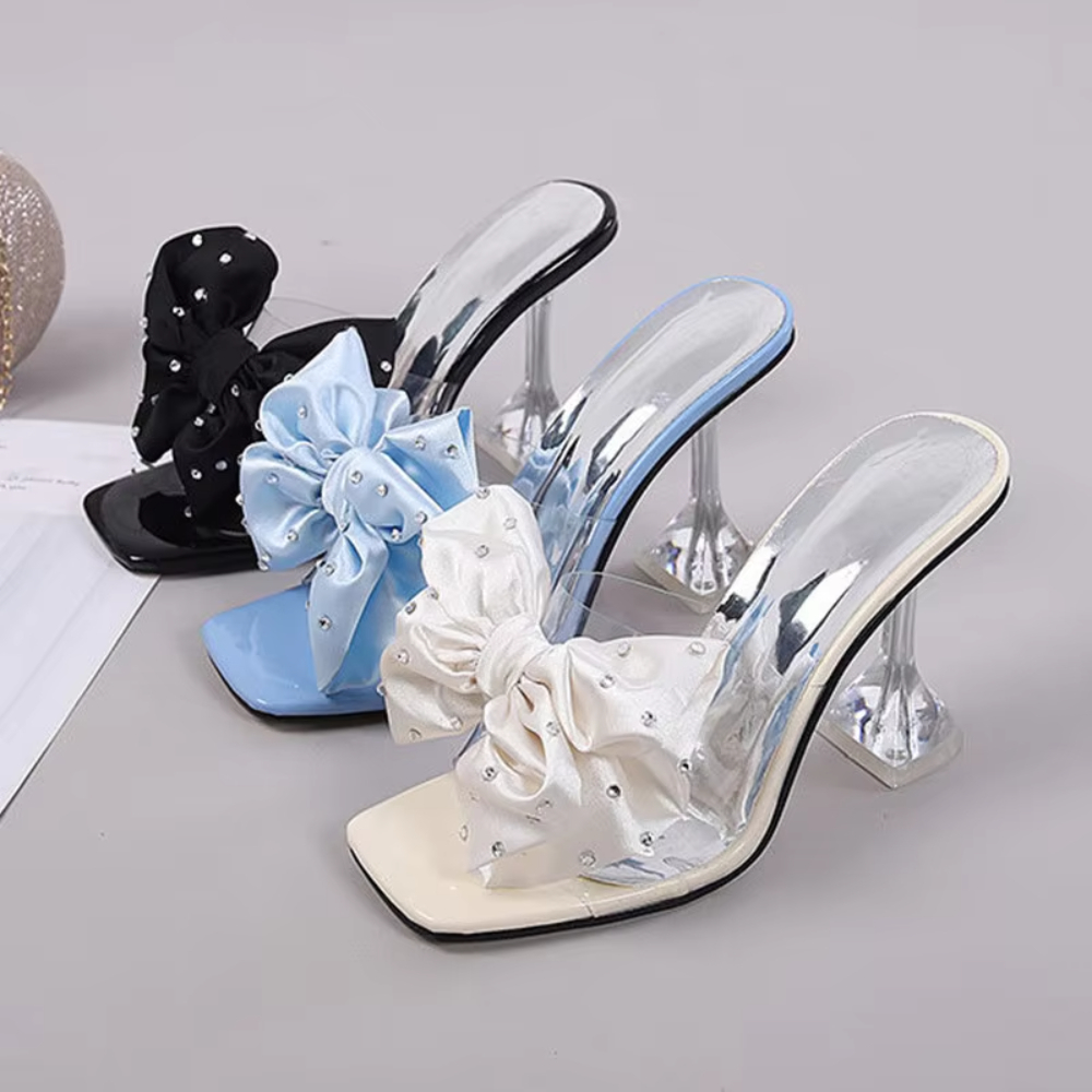 2025 Summer New Korean Edition Fairy Sweetheart Bow Tie Half Trailer High Heels and Thin Heels Slipper Sandals