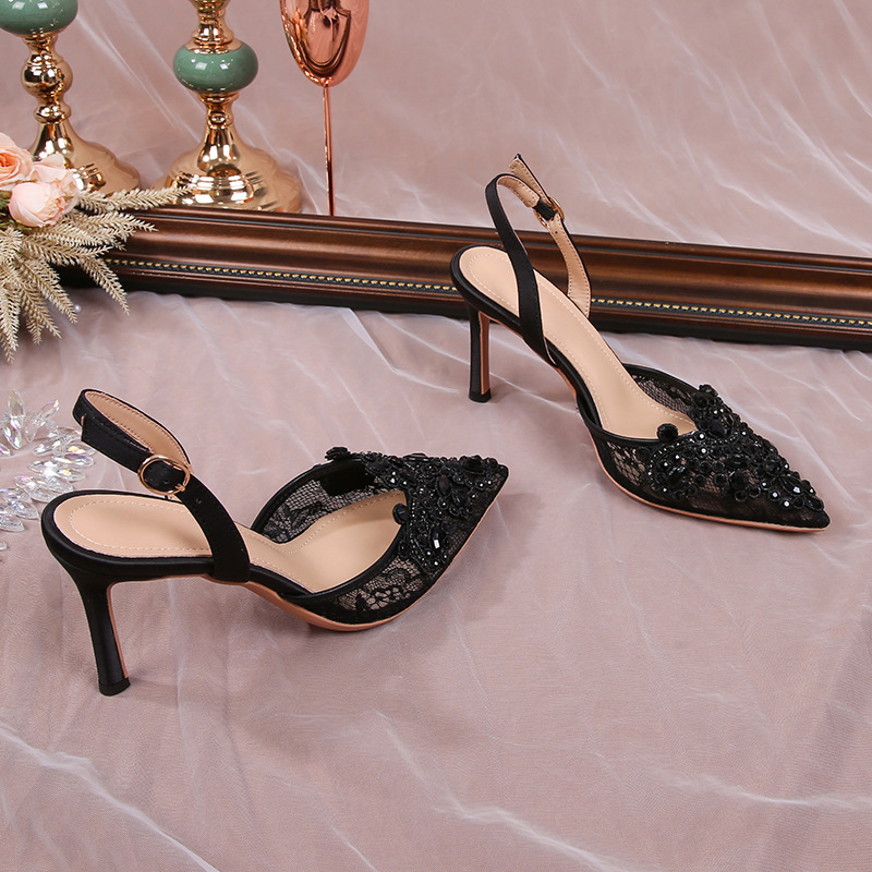 Women's Sexy Pearl Wedding Shoes French Romantic Mesh Design High Heel Outdoor Outings Lace-Up Heel Sandal Shoes