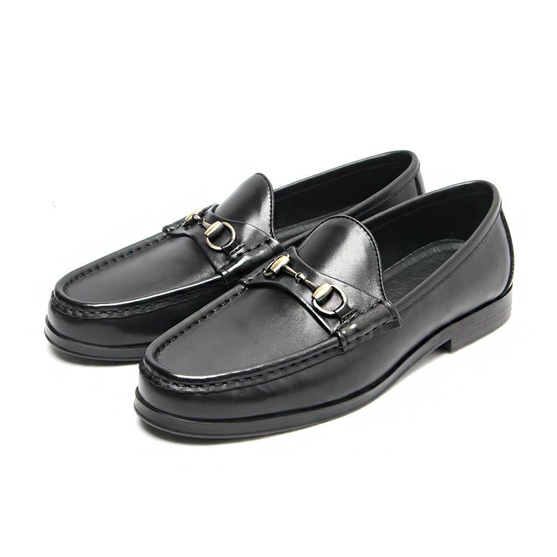 Black British Retro Polishing Cowhide Leather Men's Moccasin Shoes Slip-on Horse Bit Buckle Loafers