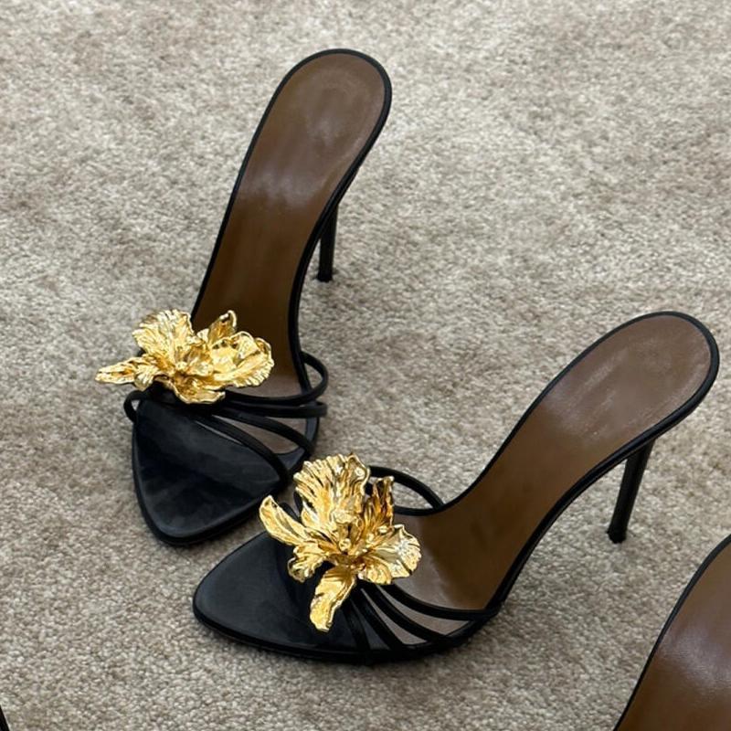 DEleventh Shoes Sexy Thin Heel Open Toe Women's Shoes Spring Summer New Super High Heels Gold Flower High Heels