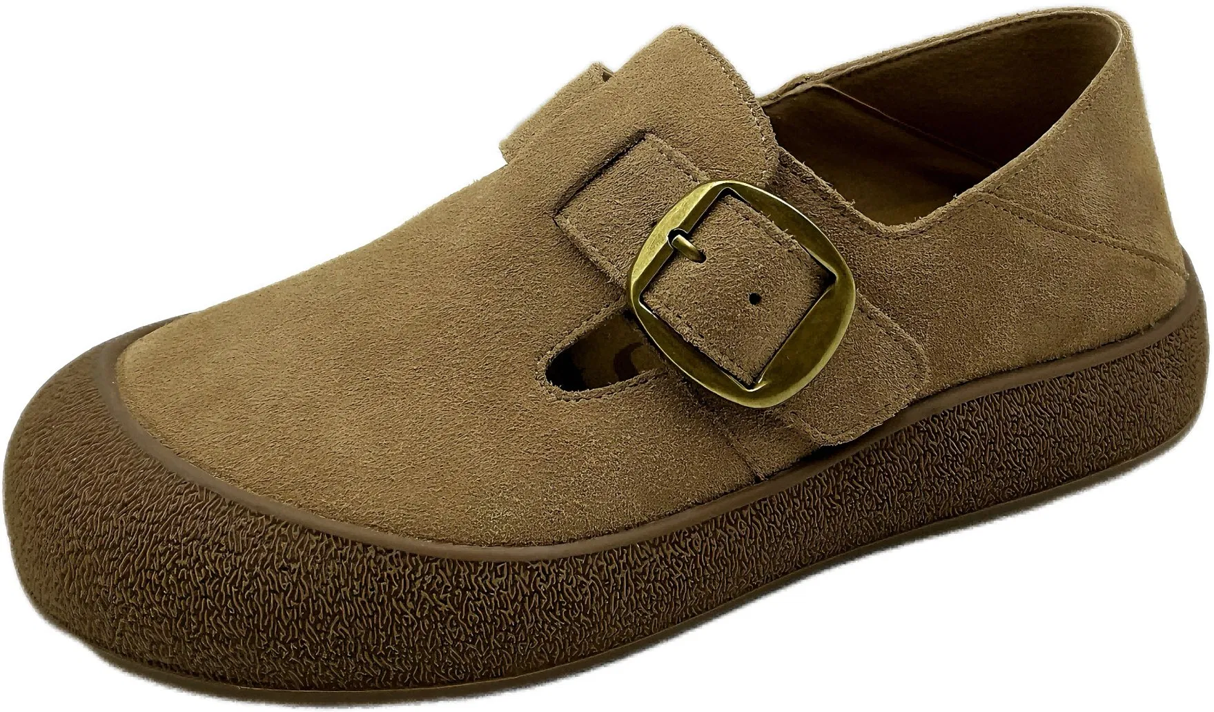 Modest Style Suede Flats with Buckle Strap, Thick Sole and Full Coverage