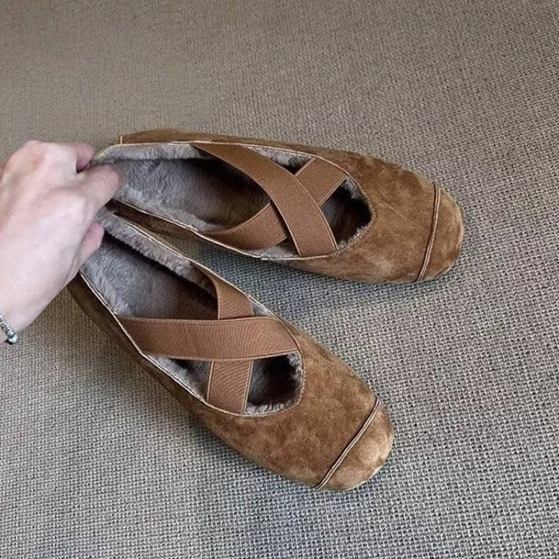 Women's Warm Suede Crisscross Strap Sheepskin Lined Mary Jane Flats Comfortable Non-Slip Casual Winter Shoes Wholesale