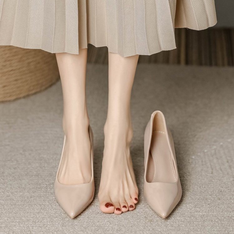 Factory Wholesale | Elegant Patent Leather Pointed - Toe Pumps, Nude Chunky Heel Dress Shoes