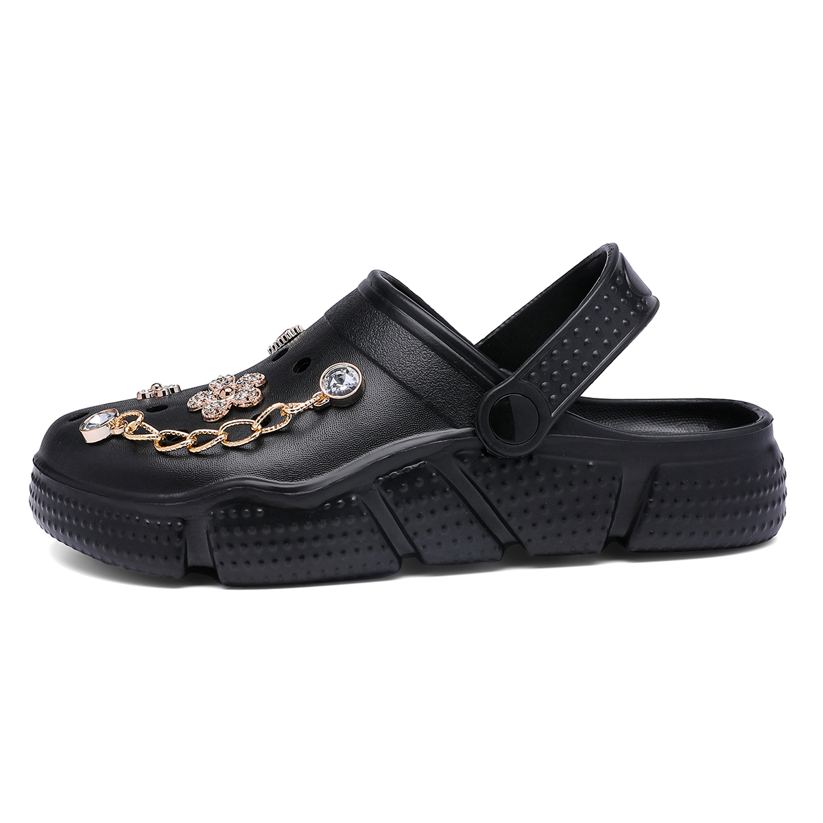 EVA Waterproof Lightweight Soft Garden Clogs Rhinestone Flower Chain Charms | Women Breathable Slip-On Mules | Fashion Casual