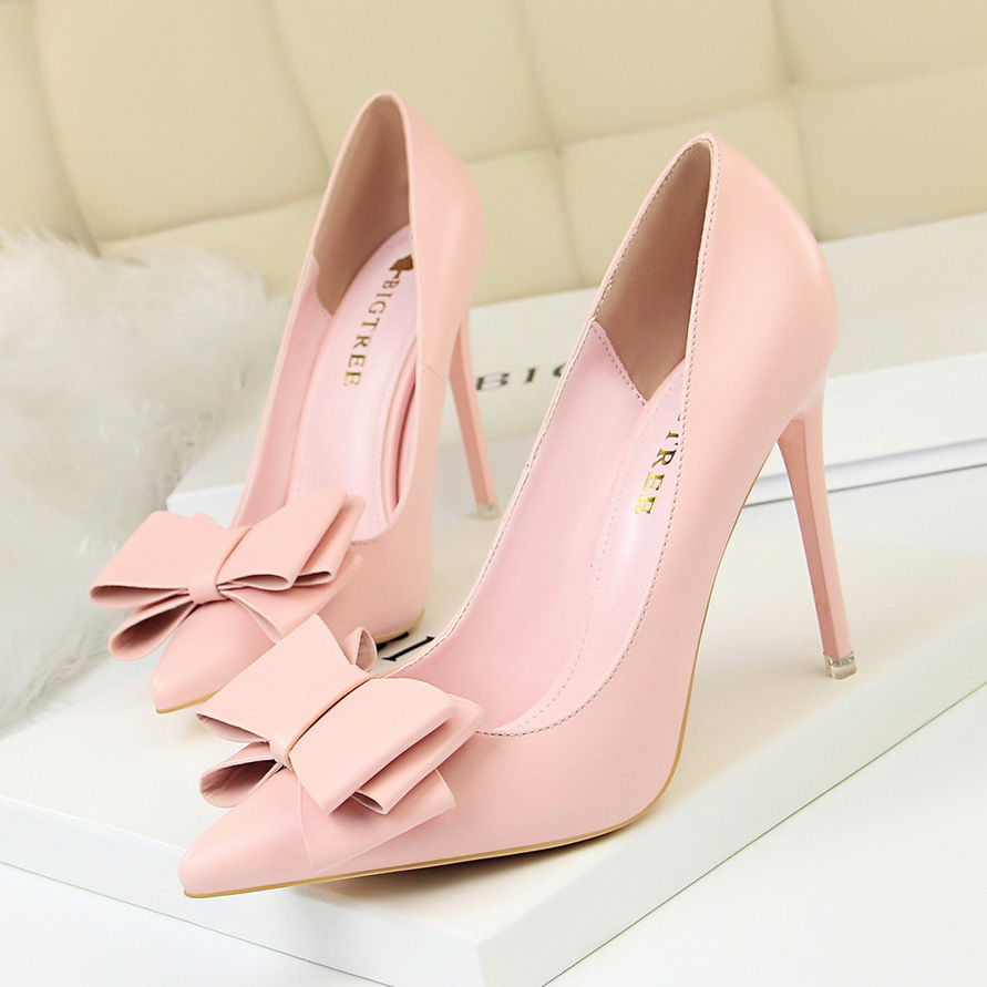 9511-18 High Quality High Heels Shoes for Women Sweet Bow Tie Slip-On Pointed Toe Women Pumps Shoes Stiletto Heels for Ladies