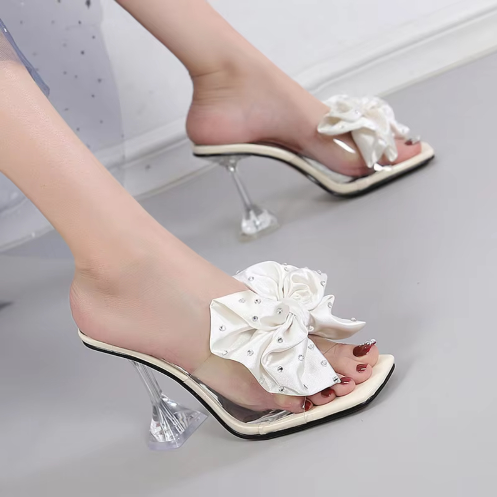 2025 Summer New Korean Edition Fairy Sweetheart Bow Tie Half Trailer High Heels and Thin Heels Slipper Sandals