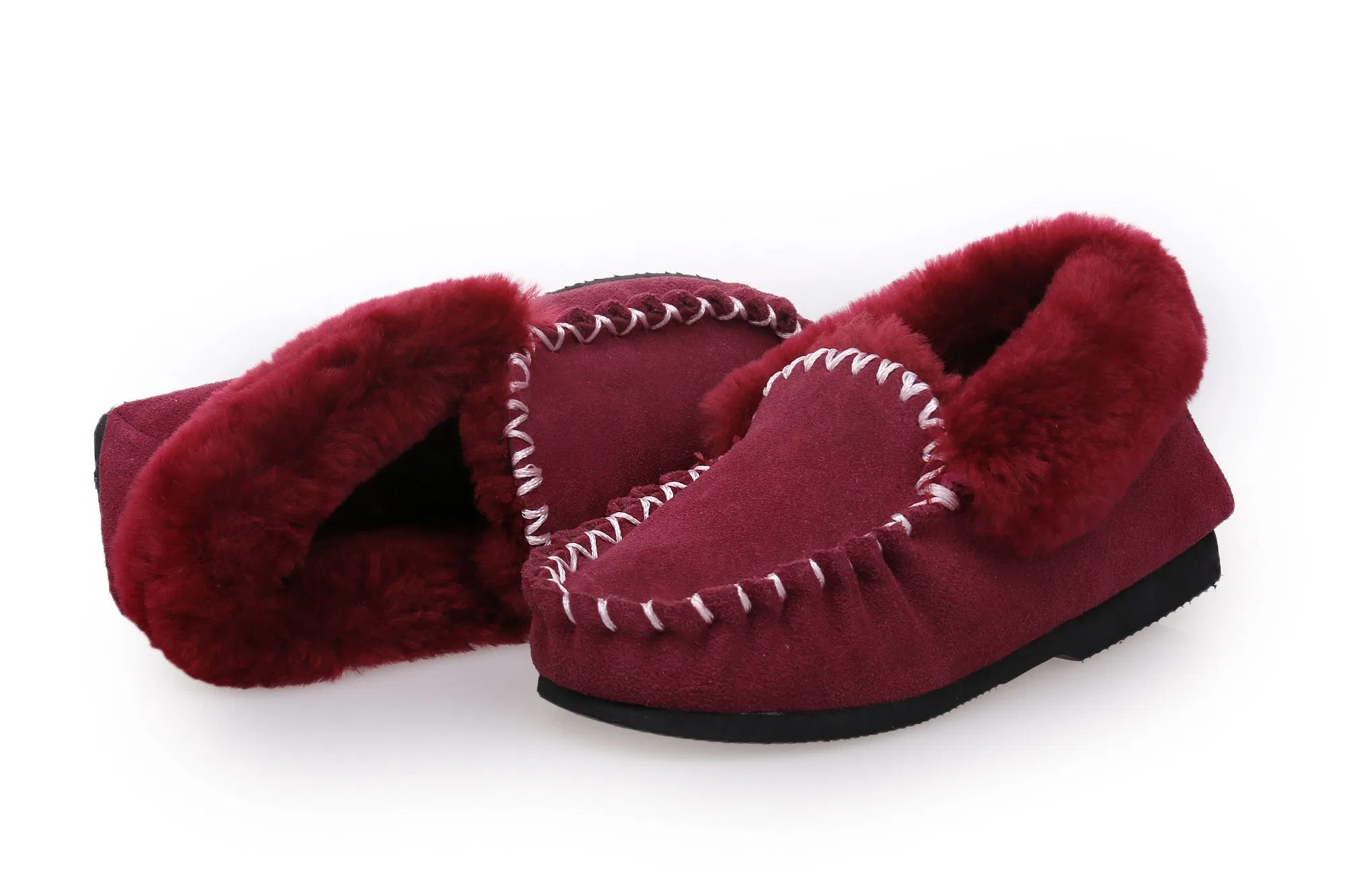 Moccasin Sheepskin Fur Home Slippers for Women in Red