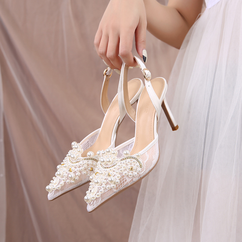Women's Sexy Pearl Wedding Shoes French Romantic Mesh Design High Heel Outdoor Outings Lace-Up Heel Sandal Shoes