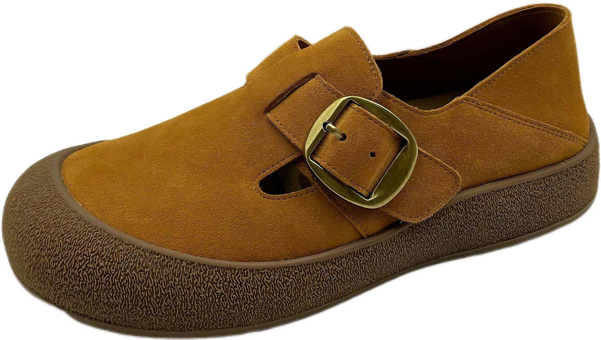 Modest Style Suede Flats with Buckle Strap, Thick Sole and Full Coverage