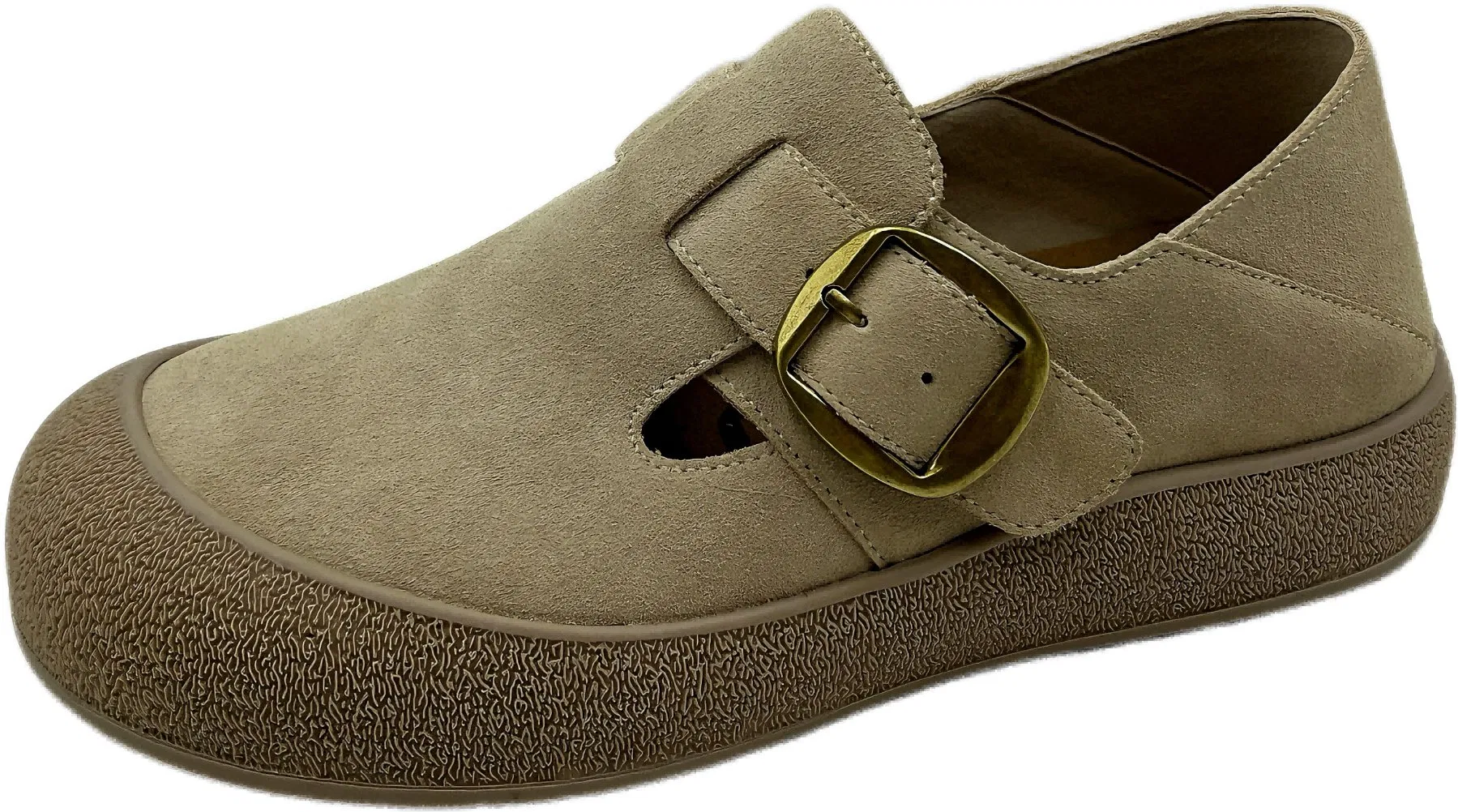 Modest Style Suede Flats with Buckle Strap, Thick Sole and Full Coverage