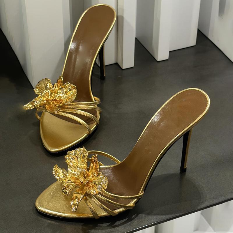 DEleventh Shoes Sexy Thin Heel Open Toe Women's Shoes Spring Summer New Super High Heels Gold Flower High Heels