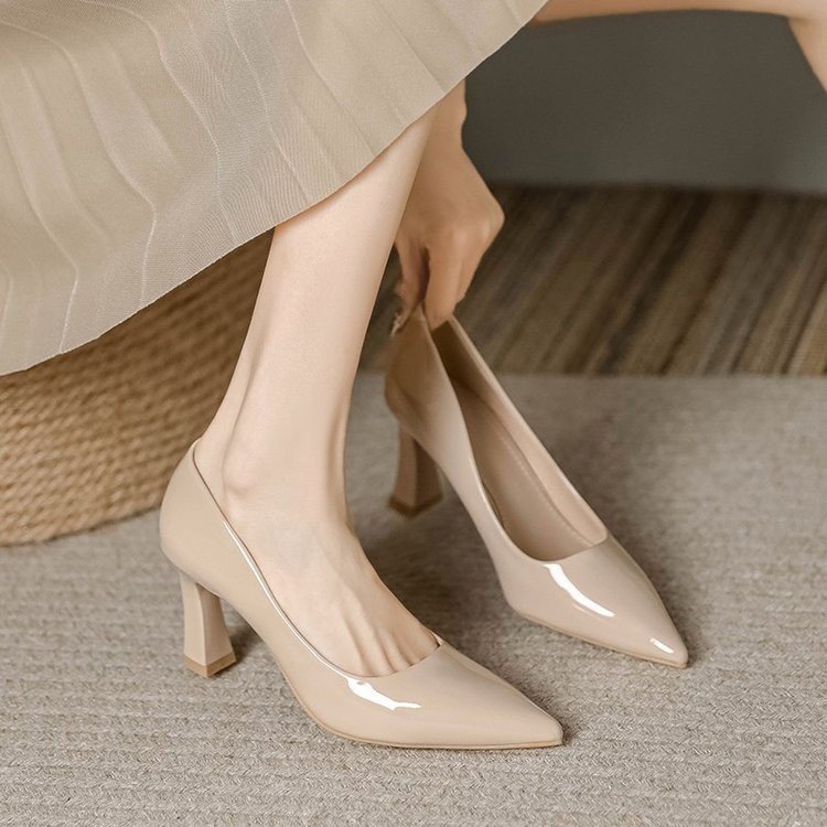 Factory Wholesale | Elegant Patent Leather Pointed - Toe Pumps, Nude Chunky Heel Dress Shoes
